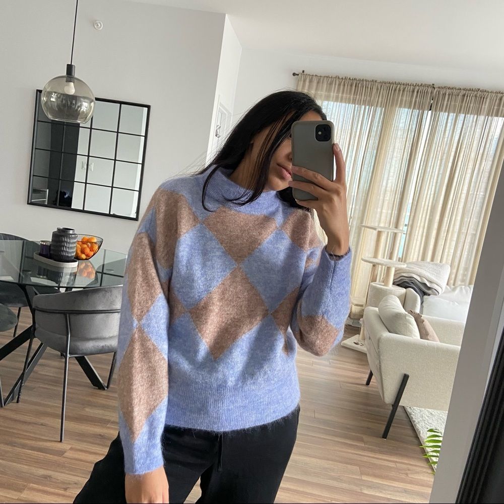 ZARA Wool Mohair Blue Argyle Sweater S - Picture 2 of 8